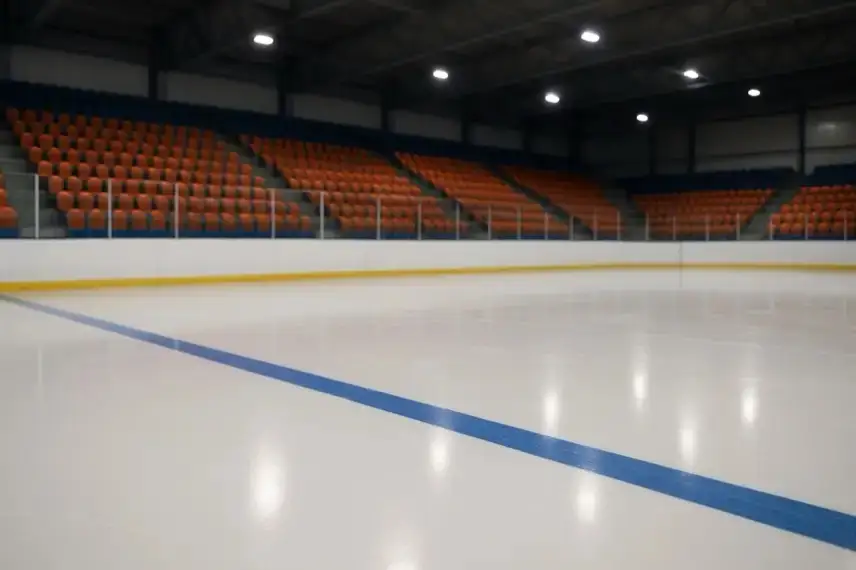 Leere Eishockeyhalle mit blauem Mittelstreifen, orangefarbenen Sitzreihen und heller Beleuchtung.