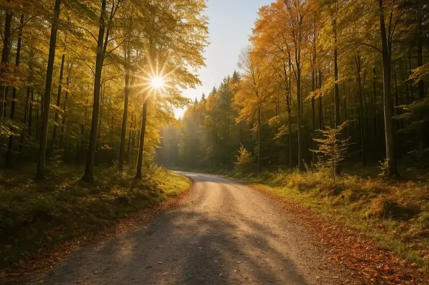 Ein sonnendurchfluteter Waldweg im Herbst, gesäumt von Bäumen mit goldgelben Blättern, aufgenommen bei klarem Himmel und natürlichem Licht.