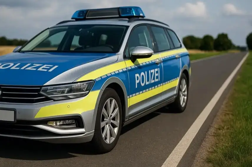Deutsches Polizeiauto mit blauer und gelber Lackierung steht auf einer Landstraße bei Tageslicht.