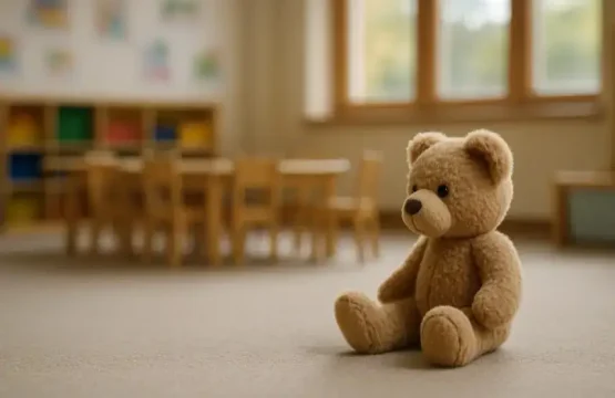 Ein brauner Teddybär sitzt auf einem Teppich in einem hellen Kindergartenraum mit unscharfem Hintergrund aus Holzstühlen und Regalen.