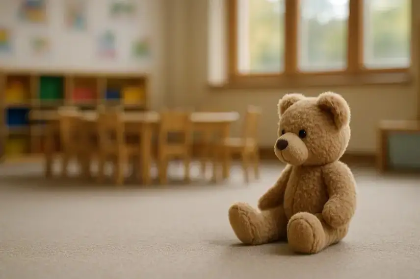 Ein brauner Teddybär sitzt auf einem Teppich in einem hellen Kindergartenraum mit unscharfem Hintergrund aus Holzstühlen und Regalen.