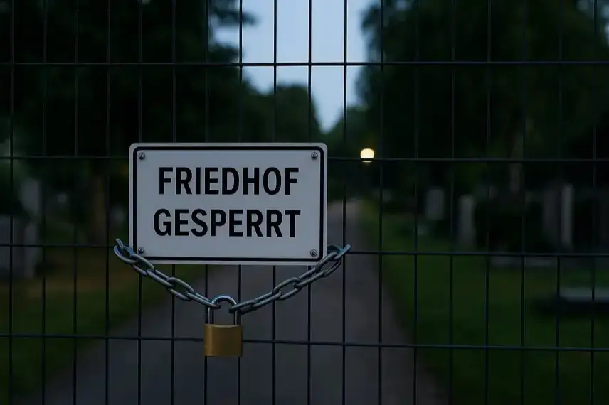 Verschlossenes Tor eines Friedhofs mit einem Kettenschloss und einem Schild, das auf eine Sperrung hinweist.