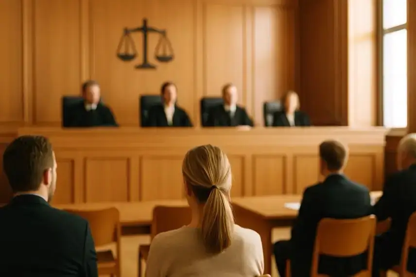 Blick in einen Gerichtssaal mit unscharfen Menschen und einer Richterbank im Hintergrund.