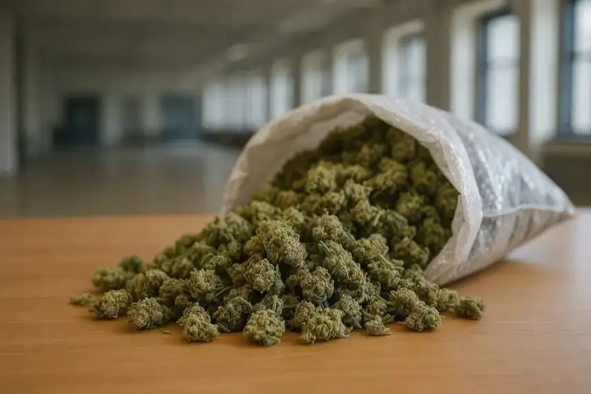 Nahaufnahme eines geöffneten Plastiksacks mit Cannabisblüten auf einem Holztisch in einem hellen Raum mit unscharfem Hintergrund.