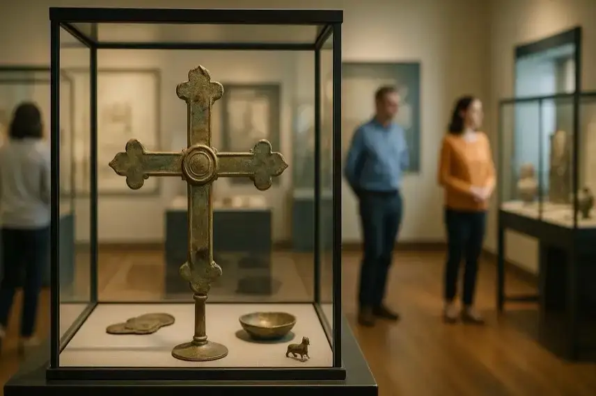 Vitrine mit einem historischen Kreuz und weiteren Ausstellungsstücken in einem Museum, im Hintergrund Besucher, Fokus auf das Exponat.