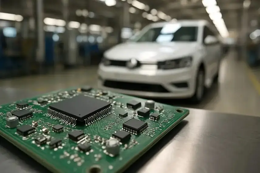 Nahaufnahme einer grünen Leiterplatte mit Mikrochip in einer Fabrikumgebung, im Hintergrund ein unscharf erkennbares weißes Auto.