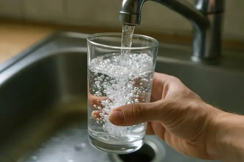 Hand hält ein Glas unter einen laufenden Wasserhahn, während sich das Glas mit klarem Leitungswasser füllt.
