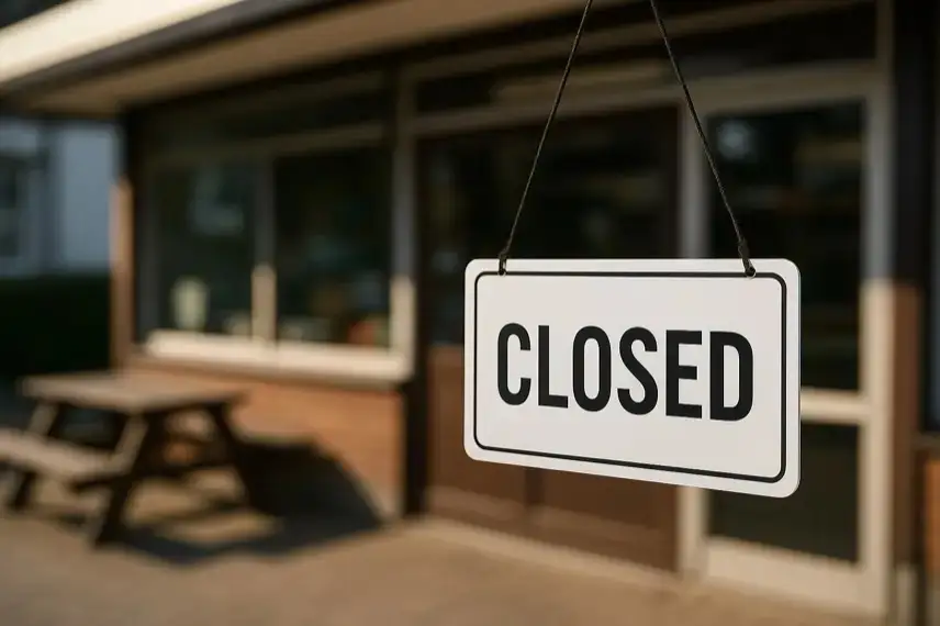 Ein geschlossenes Schnellrestaurant mit heruntergelassenen Rollläden und leerem Vorplatz, aufgenommen bei Tageslicht mit Tiefenschärfe.