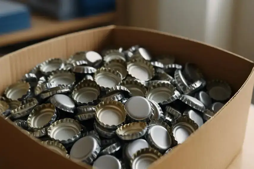 Nahaufnahme eines Kartons mit vielen silbernen Kronkorken auf einem Holztisch.