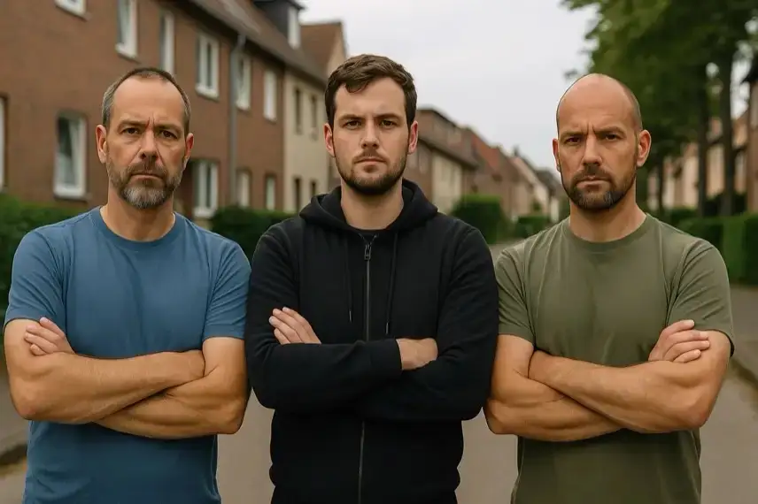 Drei Männer mit verschränkten Armen stehen nebeneinander in einer Wohnsiedlung bei Tageslicht.