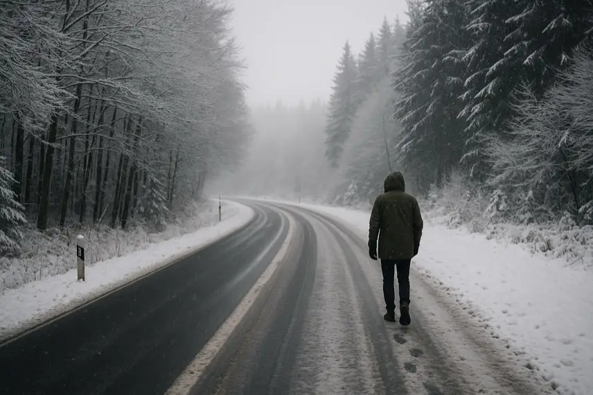 Verschneite Straße im Harz mit schneebedeckten Bäumen und leichtem Nebel, aufgenommen bei kaltem Morgenlicht.