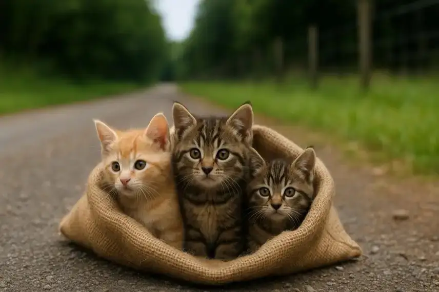 Drei Kätzchen mit unterschiedlichem Fellmuster sitzen in einem geöffneten Jutesack auf einer Landstraße, Hintergrund unscharf mit grüner Vegetation.