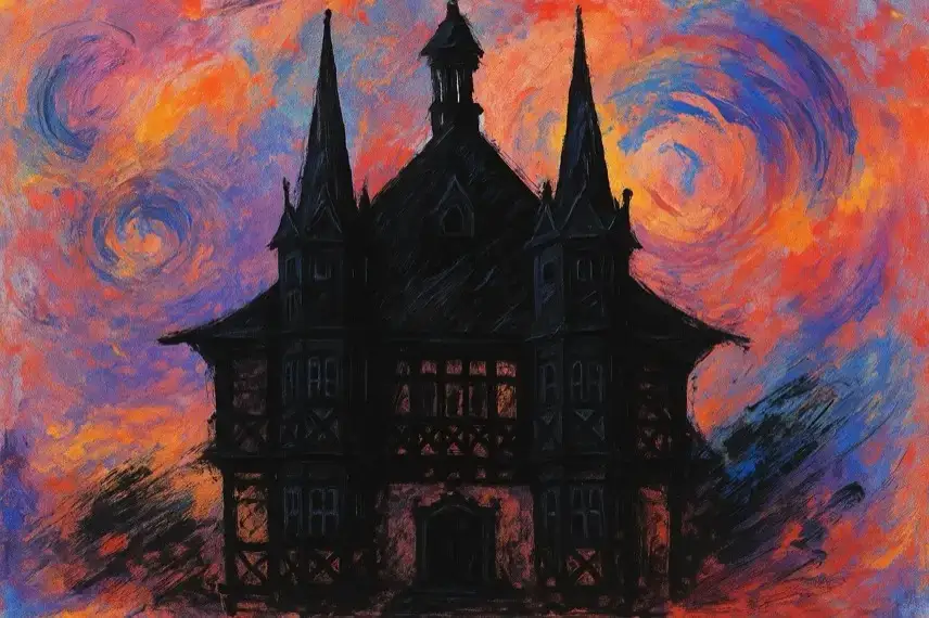 Gemälde eines schwarzen Fachwerkhauses mit Türmen vor einem farbenfrohen, wirbelnden Himmel in Rot-, Blau- und Orangetönen.