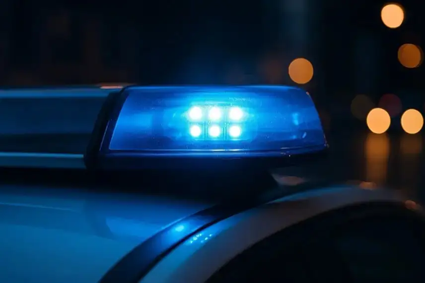 Blaues Blaulicht auf dem Dach eines Polizeiautos bei Nacht, im Hintergrund unscharfe Lichter der Stadt.