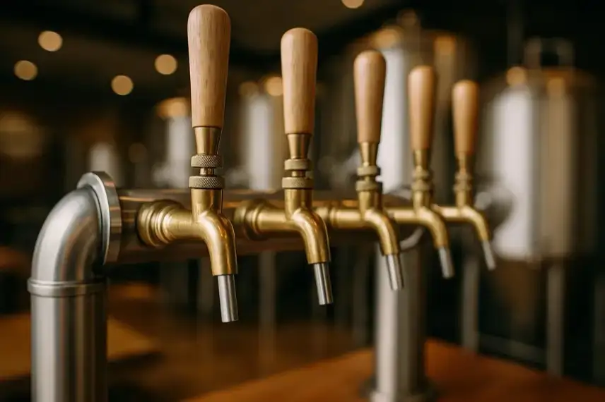 Mehrere goldene Bierhähne mit Holzgriffen in einer Brauerei, im Hintergrund unscharfe Edelstahltanks.