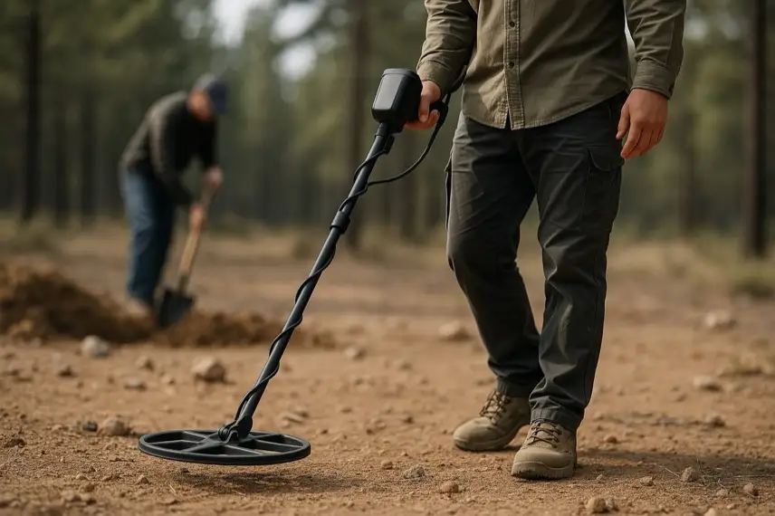 Eine Person sucht mit einem Metalldetektor im Wald, während im Hintergrund jemand mit einer Schaufel gräbt.