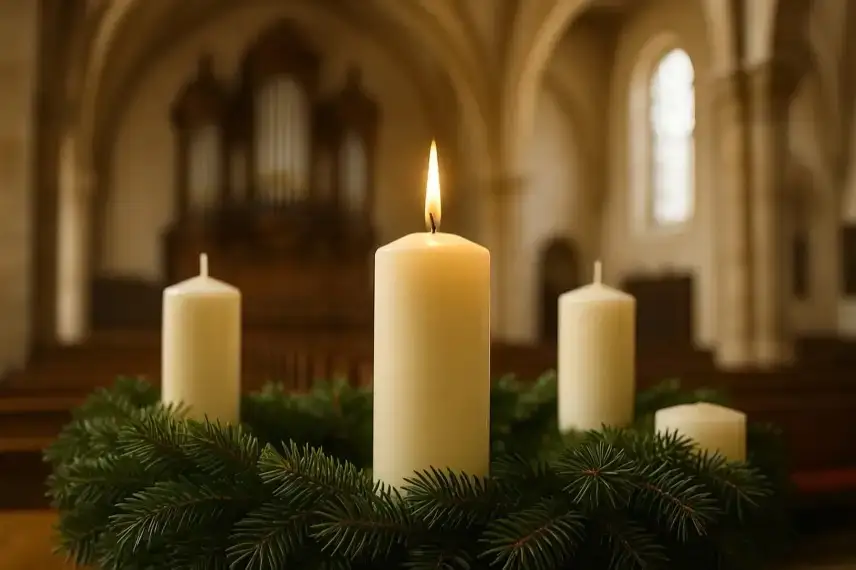 Adventskranz mit vier Kerzen in einer Kirche, eine Kerze brennt, im Hintergrund eine Orgel und Kirchenbänke.