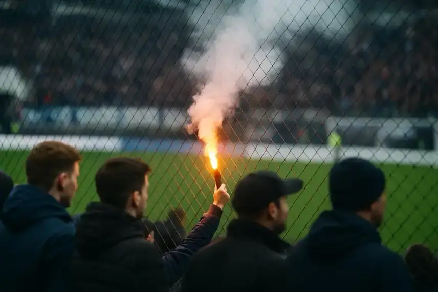 Ein Fan hält eine brennende Fackel hinter einem Stadionzaun, während im Hintergrund weitere Zuschauer und ein Spielfeld zu sehen sind.