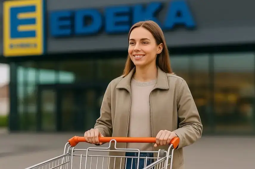 Außenansicht eines modernen Supermarkts mit Glasfassade, großem Eingang und einer Person mit Einkaufswagen.