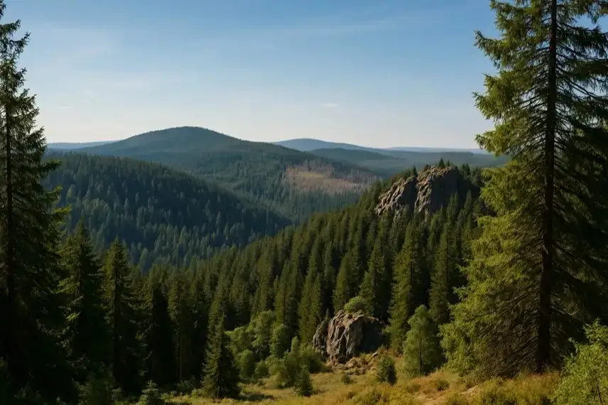 Blick über ein dicht bewaldetes Mittelgebirge mit Felsen und Tälern unter blauem Himmel, aufgenommen bei natürlichem Tageslicht.