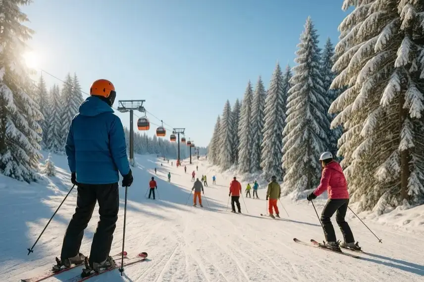 Eine verschneite Skipiste im Harz mit Skifahrern und Gondeln bei Sonnenschein. Das Foto dient als illustrative Nachstellung des Themas.