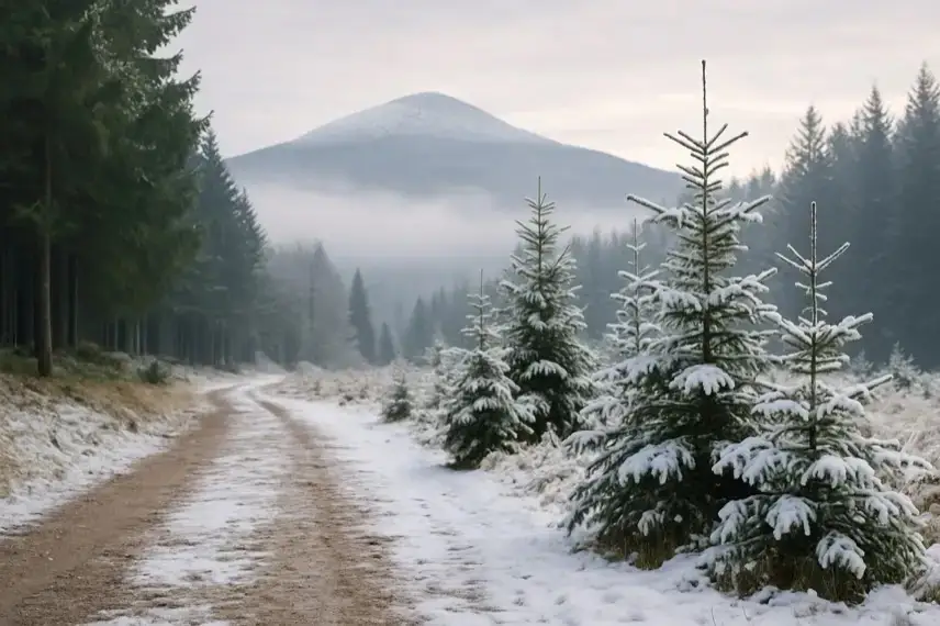 Verschneiter Waldweg mit jungen Tannen und Nebel im Hintergrund, aufgenommen im Harz mit Blick auf einen Berg.