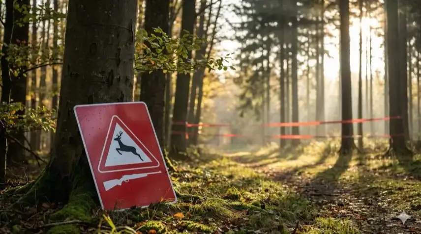 Rotes Warnschild mit Reh- und Gewehr-Piktogramm an einem Waldweg, dahinter verschwommener Herbstwald mit rot-weißem Absperrband zwischen den Bäumen, helles November-Sonnenlicht, keine Personen.