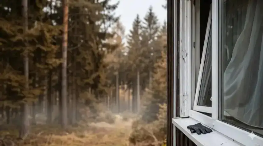 Aufgehebeltes, leicht geöffnetes weißes Kunststofffenster eines Wohnhauses mit sichtbaren Hebelspuren und einem schwarzen Handschuh auf der Fensterbank; im unscharfen Hintergrund dichter herbstlicher Nadelwald.