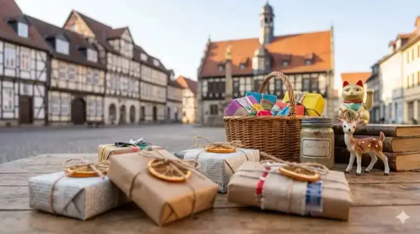 Rustikaler Holztisch mit kleinen, plastikfrei verpackten Geschenken in Packpapier und Juteschnur, dahinter Weidenkorb mit alten Büchern, Porzellanfigur und Einmachglas, unscharfer Hintergrund mit Fachwerkhäusern des Quedlinburger Marktplatzes bei klarem Tageslicht.