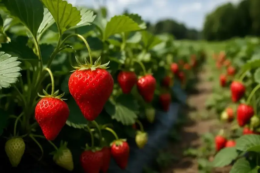 Nahaufnahme reifer Erdbeeren an einer Pflanze auf einem Feld, mit unscharfen Pflanzenreihen im Hintergrund.