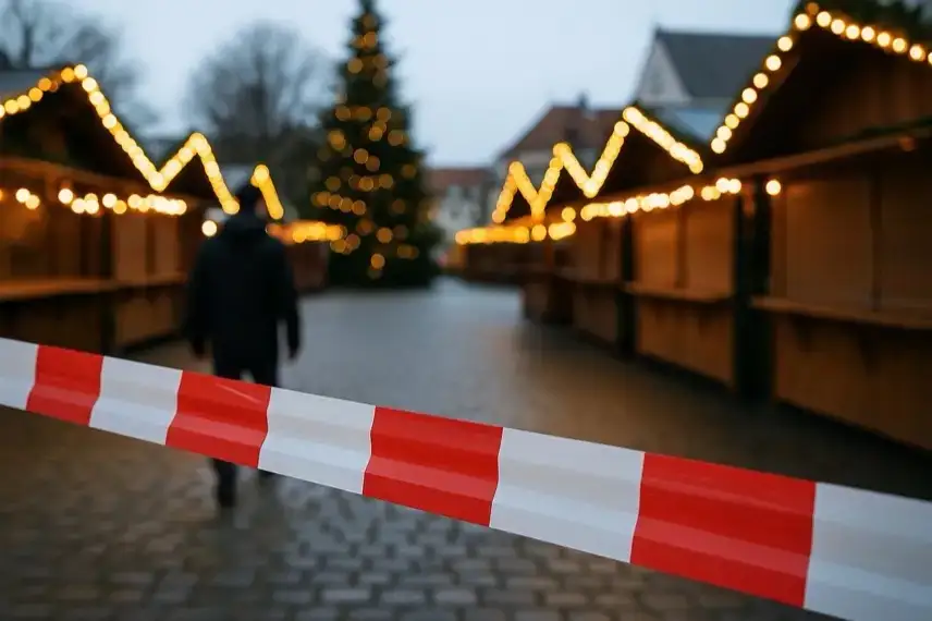 Leere winterliche Dorfstraße mit leichtem Schnee, abgesperrtem Platz und Fachwerkhäusern im Hintergrund, ohne Menschen.