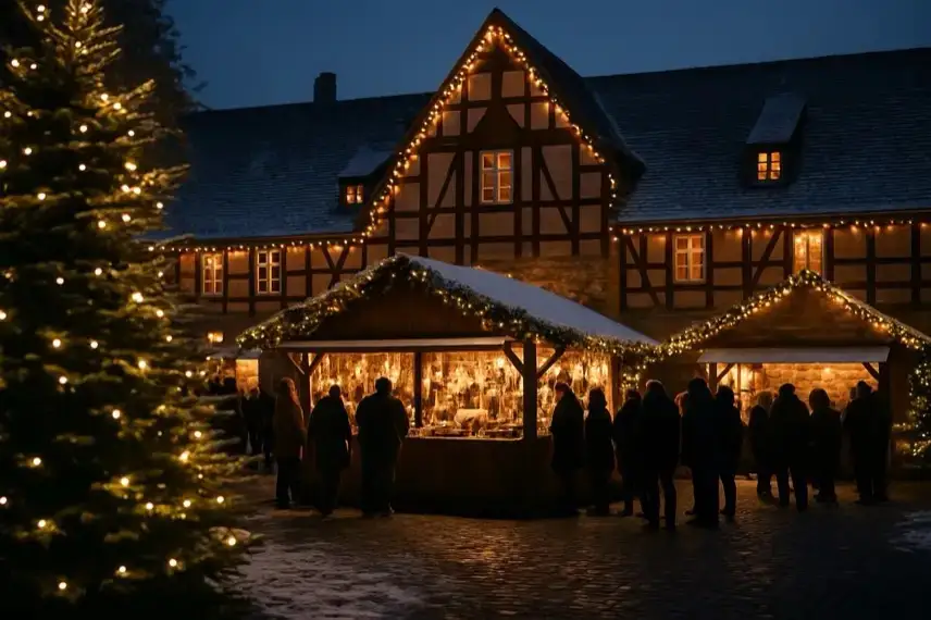 Winterliche Nahaufnahme von Tannenzweigen mit leichtem Schnee und unscharfem Hintergrund.