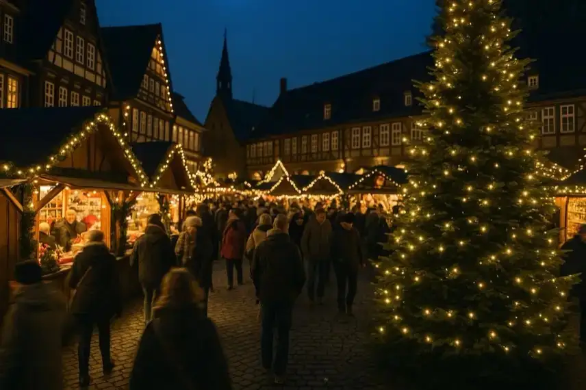 Dekorierte Tannenzweige, warme Lichterketten und ein hölzerner Marktstand in winterlicher Atmosphäre, ohne erkennbare Personen.