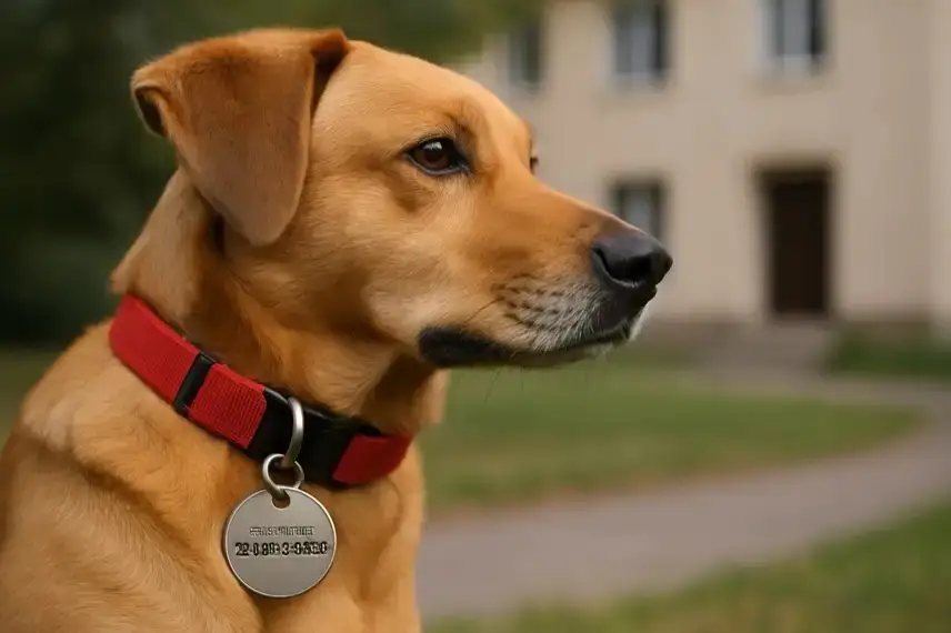 Nahaufnahme eines hellbraunen Hundes mit rotem Halsband und Metallmarke vor unscharfem Hintergrund.