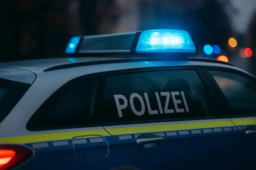 Polizeiwagen bei Nacht auf einer Straße, blaues Warnlicht sichtbar, keine Personen im Bild.