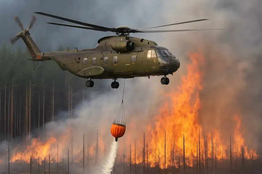 Militärhubschrauber mit Löschwasserbehälter fliegt über brennenden Wald und lässt Wasser ab.