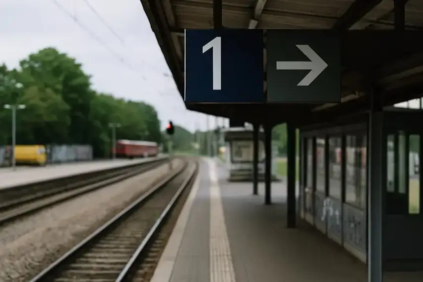 Leerer deutscher Bahnsteig in heller Tagesbeleuchtung mit Gleisen, Bahnsteigkanten und moderner Architektur, ohne Menschen.