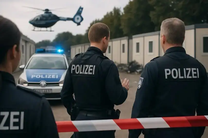 Nächtliche Szene mit Polizeilichtreflexionen hinter einem Sicherheitszaun und leerem Asphaltweg.