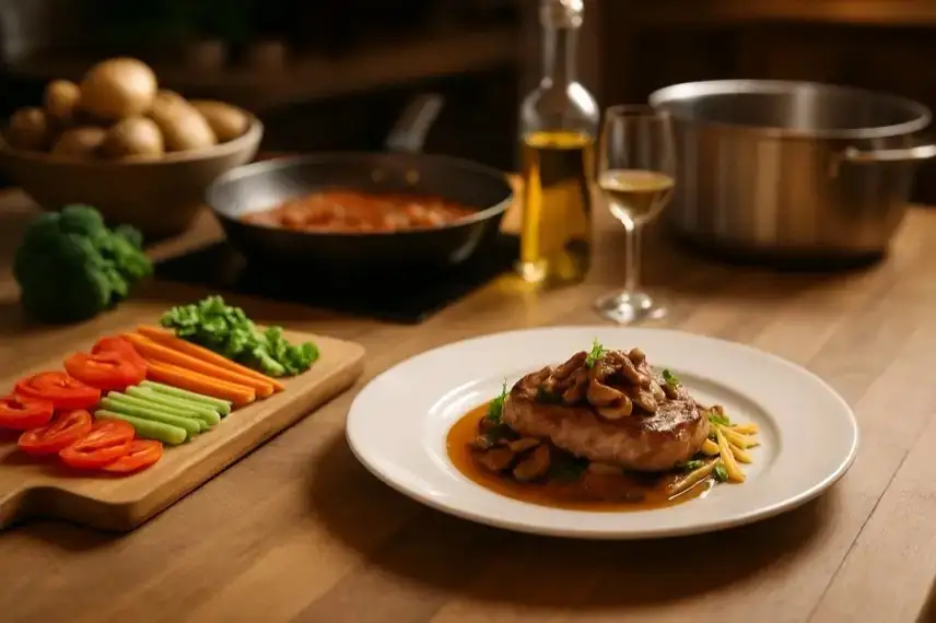 Helle, modern eingerichtete Küche mit frischen Zutaten auf einer Arbeitsfläche, Topf auf dem Herd und natürlichem Tageslicht.