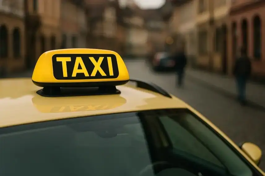 Ein modernes Taxi steht am Straßenrand einer ruhigen Stadtstraße bei natürlichem Licht.