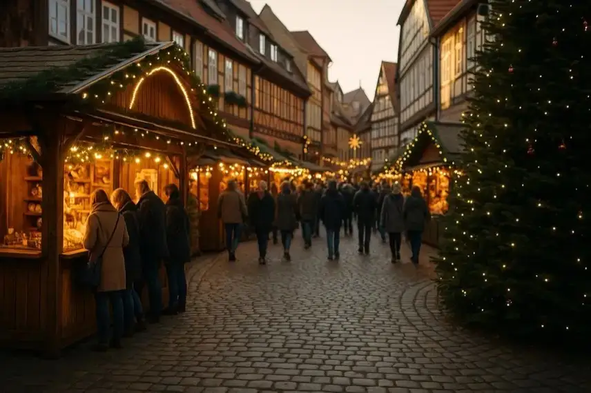 Historische Altstadt mit Fachwerkhäusern, Kopfsteinpflaster und weihnachtlicher Beleuchtung in den Abendstunden.