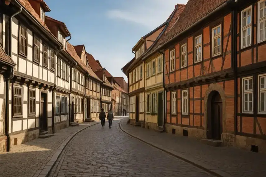 Fotorealistische Darstellung enger Gassen mit dicht stehenden historischen Fachwerkhäusern, Holzfassaden und Ziegeldächern bei Tageslicht.
