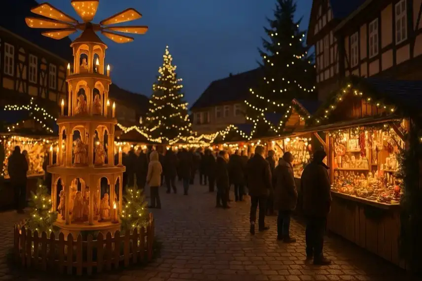 Weihnachtlich beleuchtete Marktstände vor Fachwerkhäusern auf einem historischen Marktplatz bei Dämmerung.