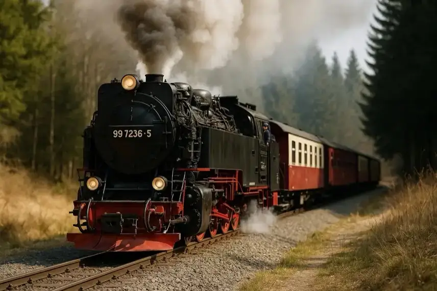 Historische Dampflok auf schmaler Spur in winterlicher Mittelgebirgslandschaft mit verschneiten Bäumen und aufsteigendem Dampf.