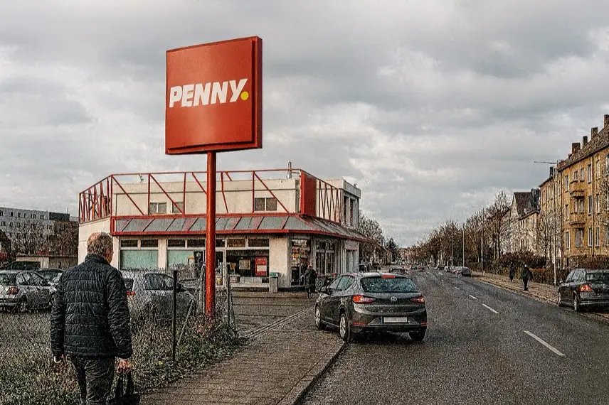 Geschlossener Discounter-Eingang mit automatischen Glastüren, leerem Parkplatz und Einkaufswagen bei Tageslicht.