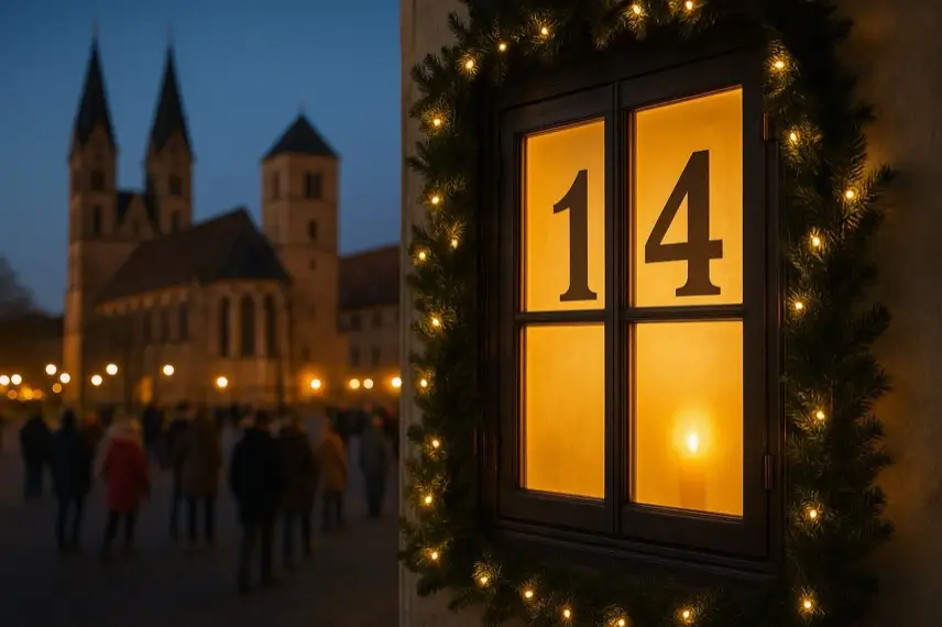 Historischer Platz im Winter bei Abenddämmerung mit warm beleuchteten Fenstern, Pflastersteinen und dezenter festlicher Atmosphäre.