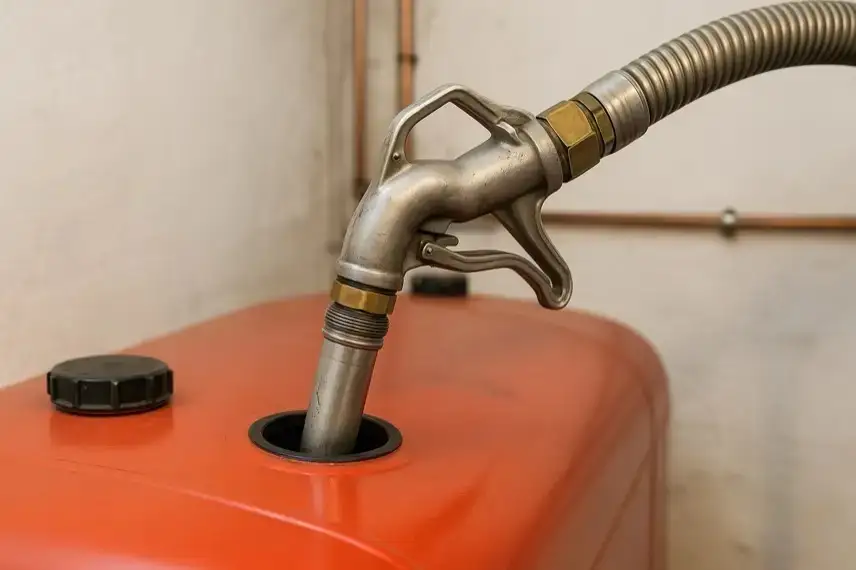 Moderner Heizöltank in einem Kellerraum mit Heizungsrohren, Kanister mit Heizöl und Messinstrumenten bei natürlichem Licht.