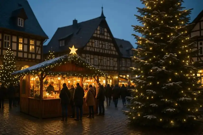 Verschneite Mittelgebirgslandschaft mit Tannenwald und beleuchteter Fachwerkstadt in winterlicher Abendstimmung.