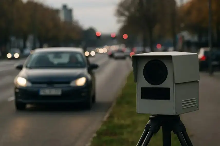Mobiles Blitzgerät am Straßenrand einer Stadtstraße, im Hintergrund ein vorbeifahrendes Auto bei Dämmerung.