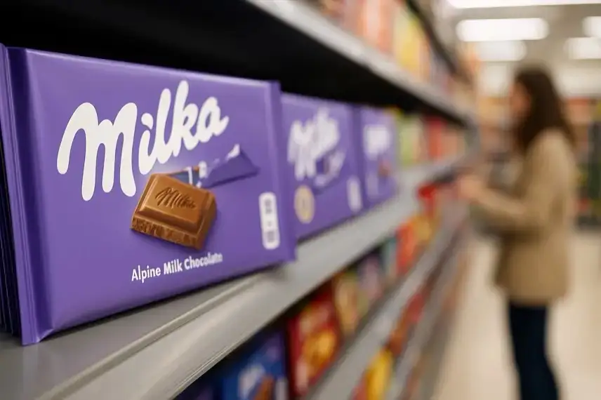 Schokoladentafeln in einem Supermarktregal, hell ausgeleuchtet, mit unscharfem Hintergrund.
